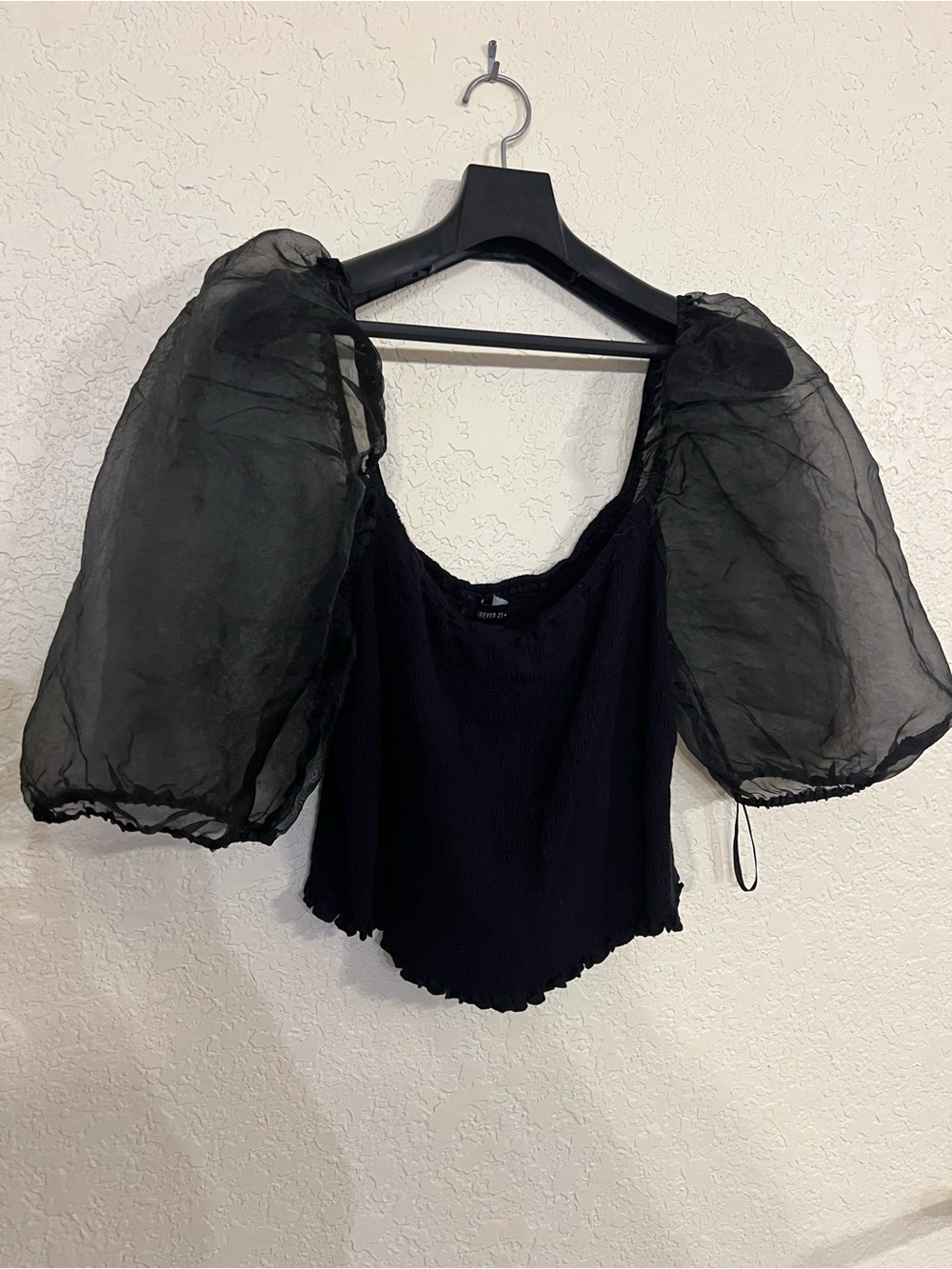 Sheer Puff Sleeve Black Top